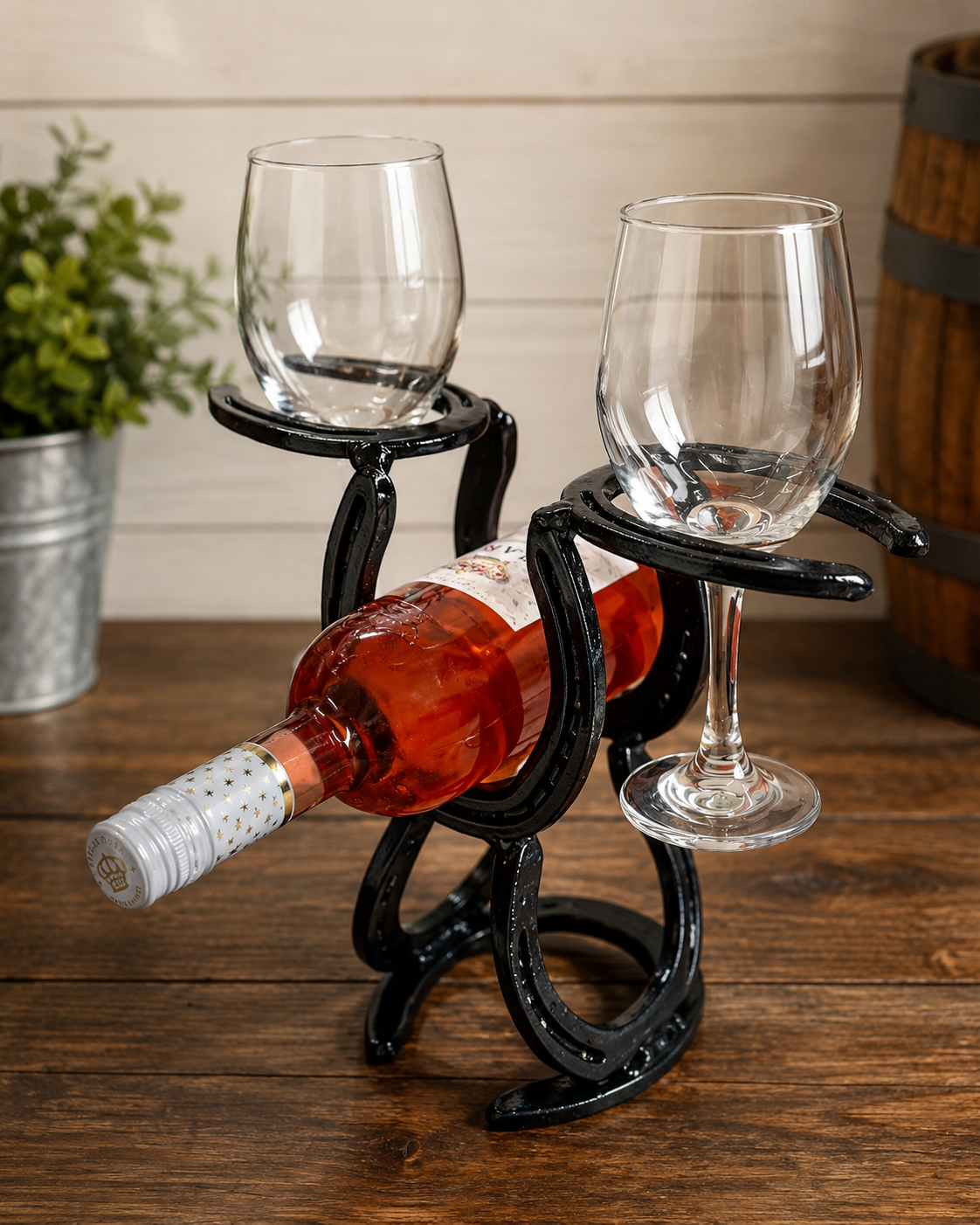 Handcrafted Horseshoe Wine Bottle & Glass Holder